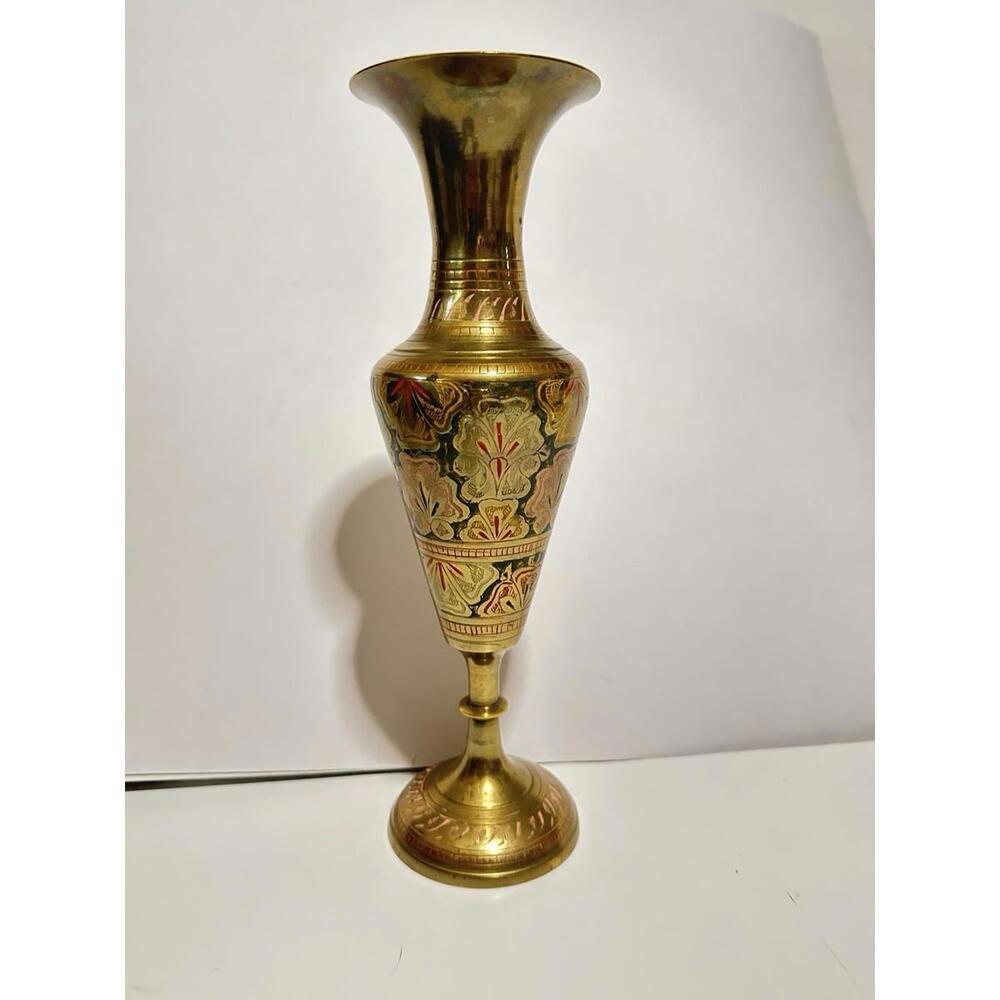 Vintage Solid Brass Etched Fluted 12” Tall Vase Painted Floral Made in India